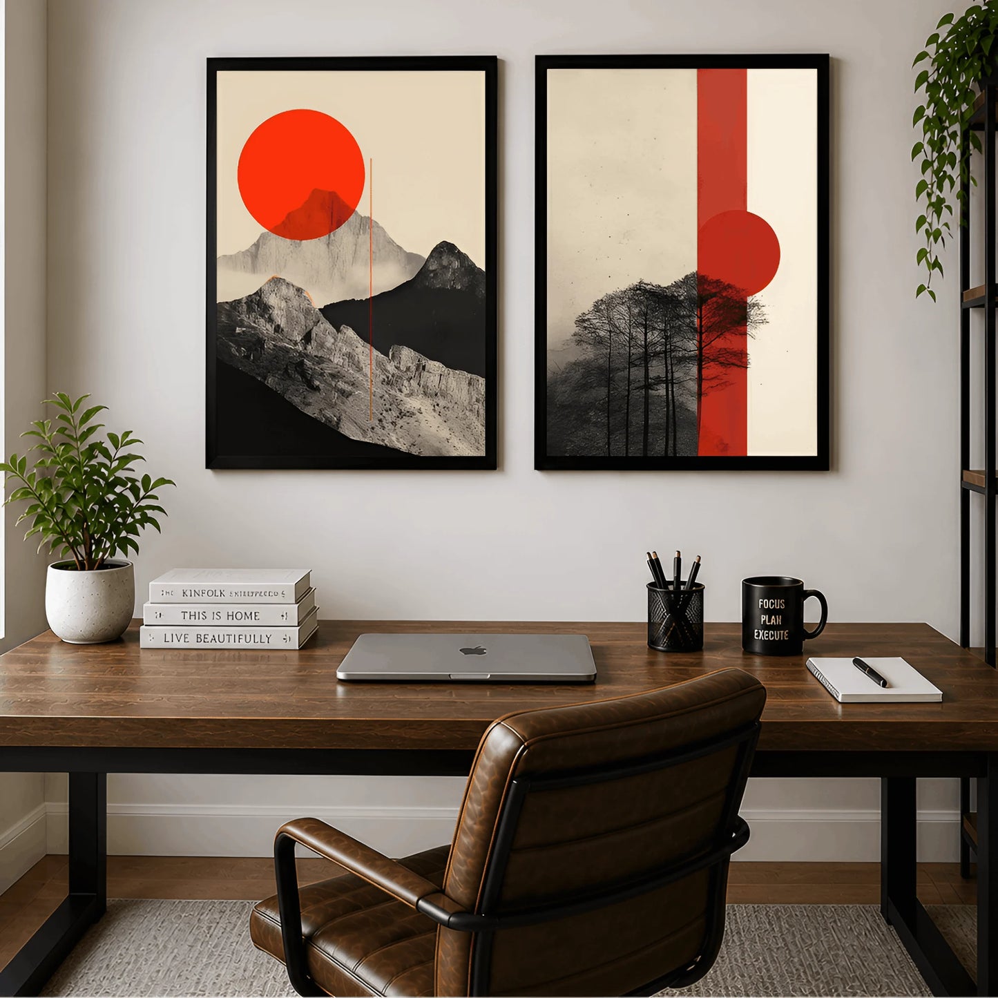 Crimson Horizon – Modern Mountain Wall Frames (Set of 2)