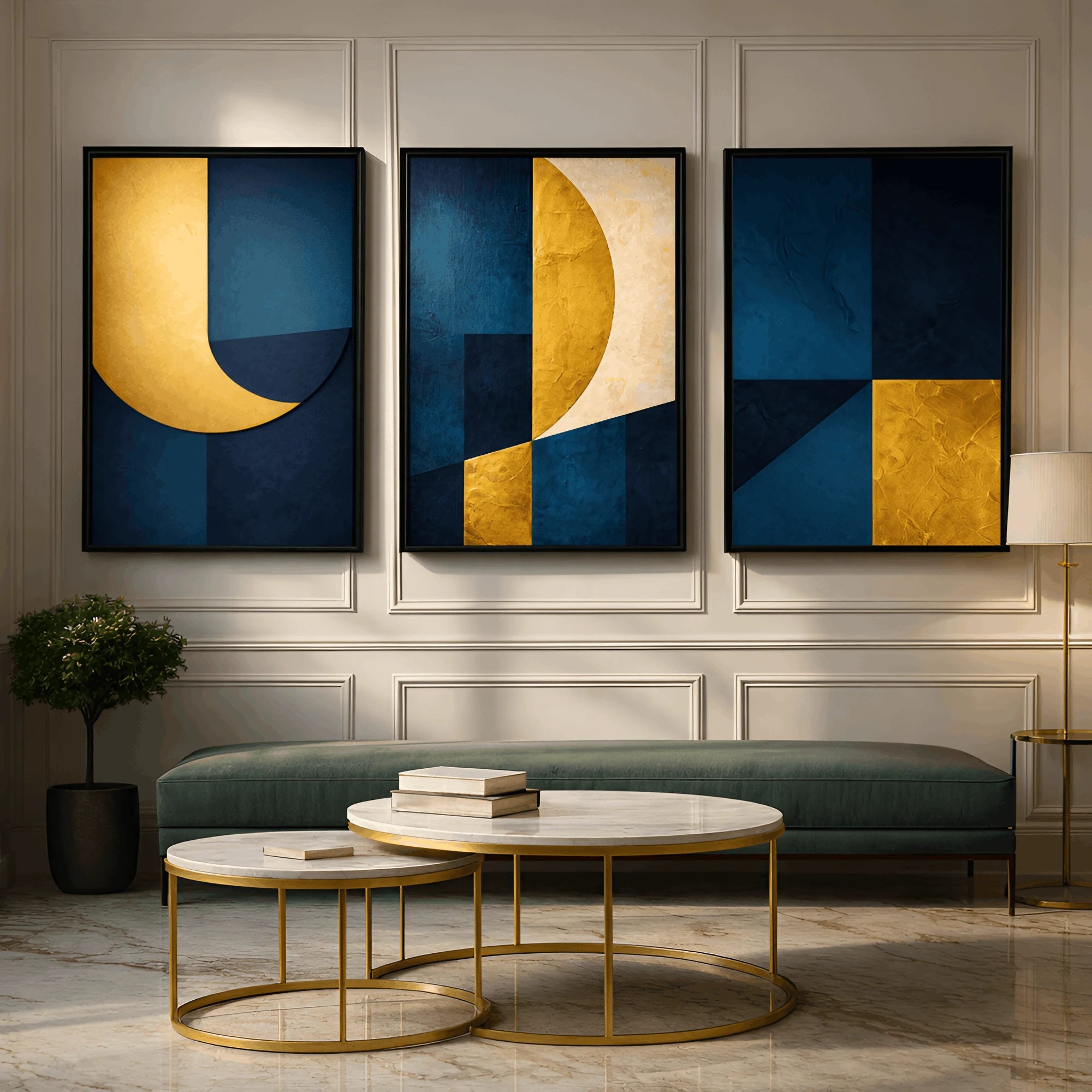 Royal Depth – Luxury Blue & Gold Abstract Wall Frames (Set of 3)