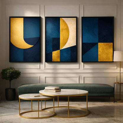 Royal Depth – Luxury Blue & Gold Abstract Wall Frames (Set of 3)