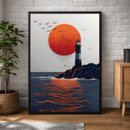 Crimson Horizon – Modern Lighthouse Sunset Wall Frame
