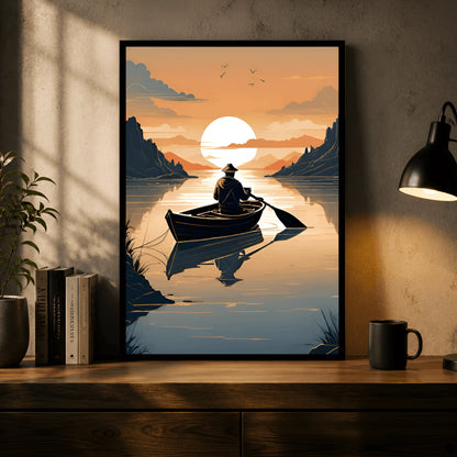 Silent Voyage – Sunset Lake Boat Wall Frame