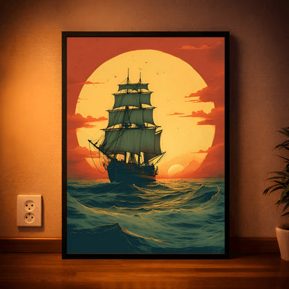 Voyage Beyond – Vintage Sunset Ship Wall Frame
