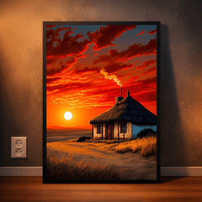 Crimson Dusk – Countryside Sunset Cottage Wall Frame