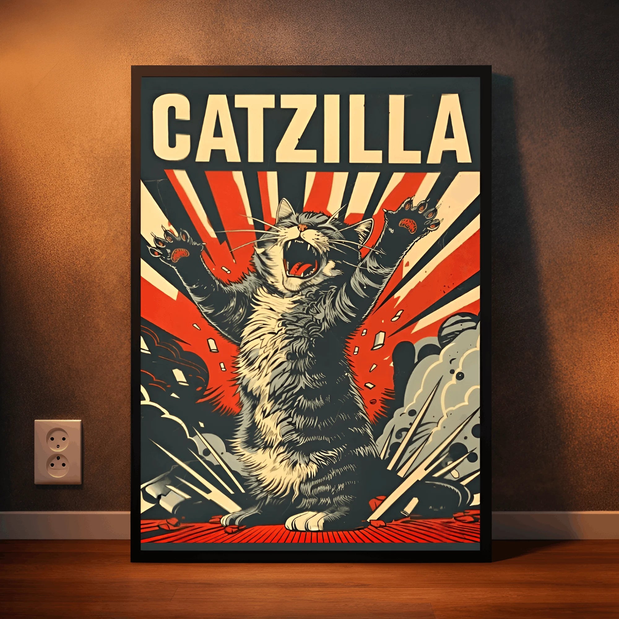Catzilla – Retro Monster Cat Wall Frame