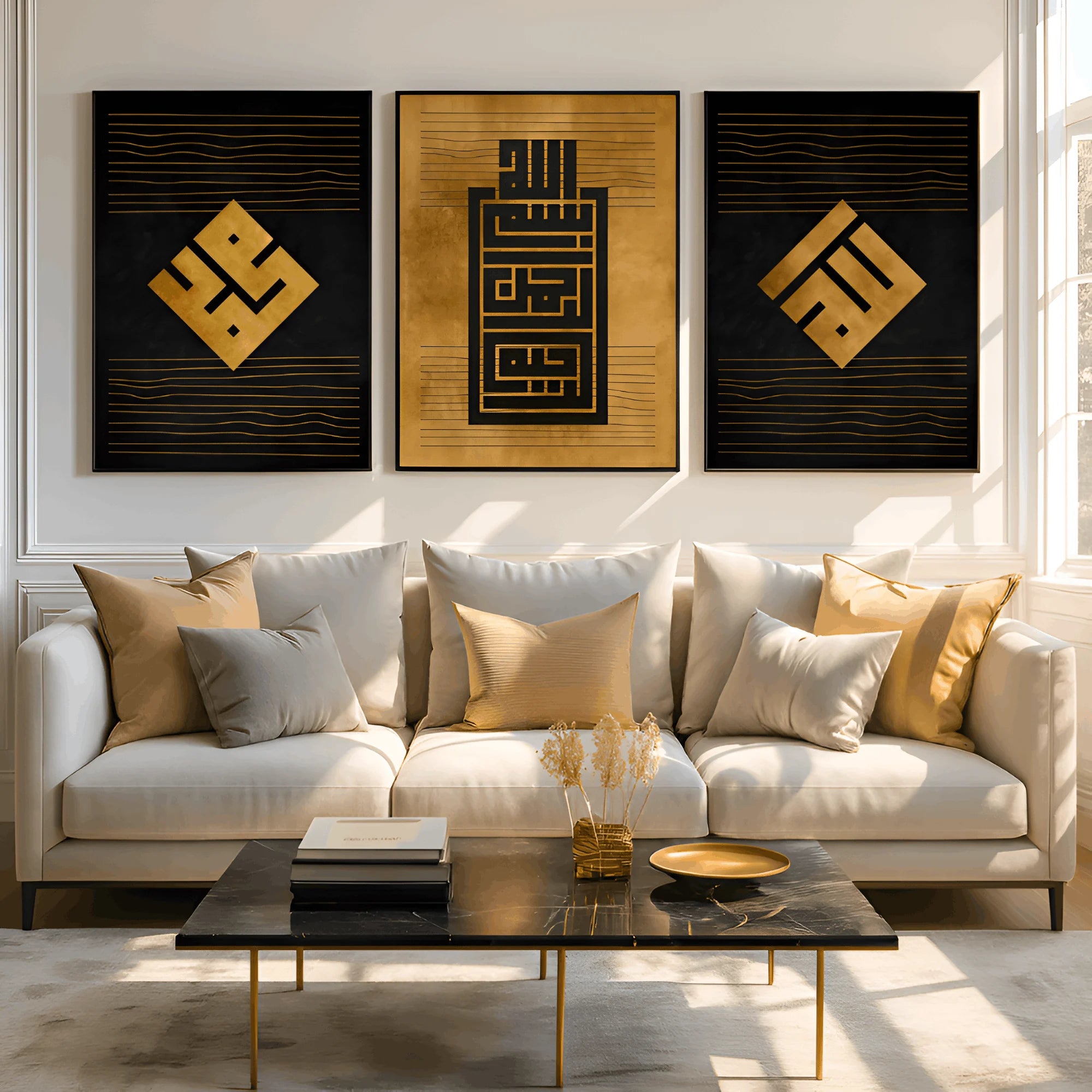 Black & Gold Kufic Calligraphy – 3 Frames Islamic Décor Set
