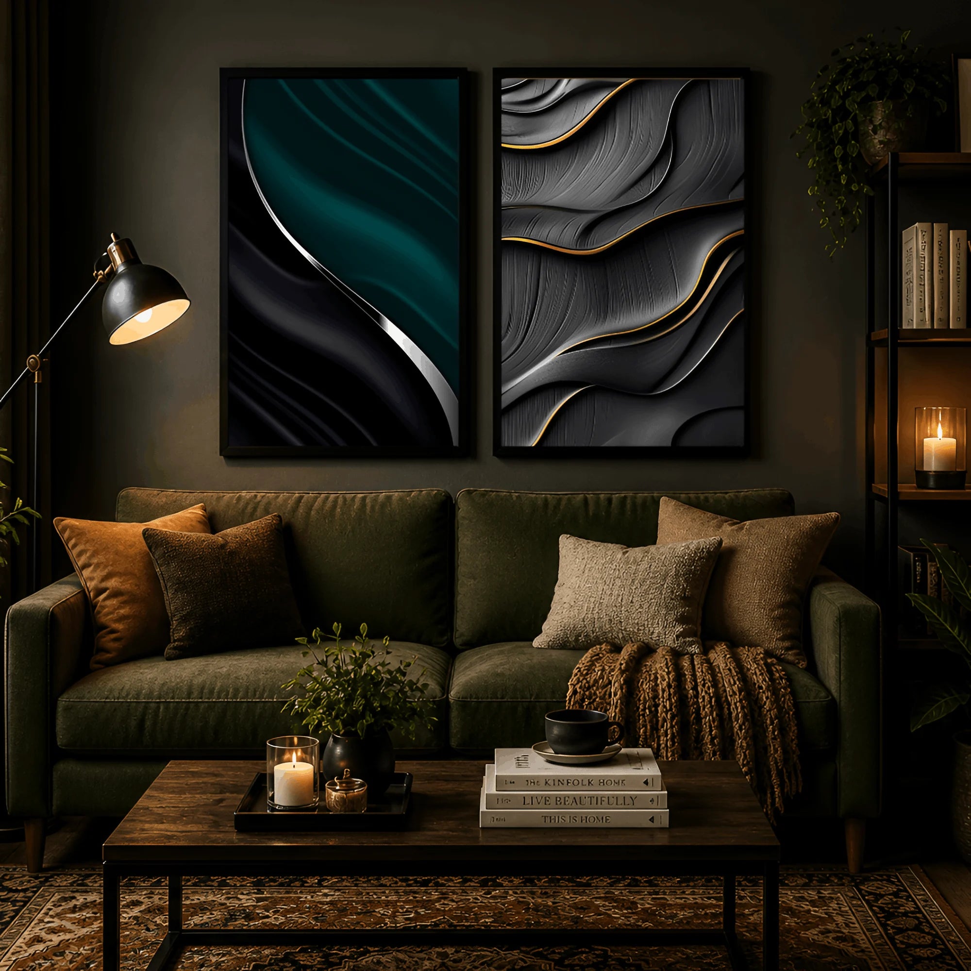 Obsidian Flow – Luxury Dark Abstract Wall Frames (Set of 2)