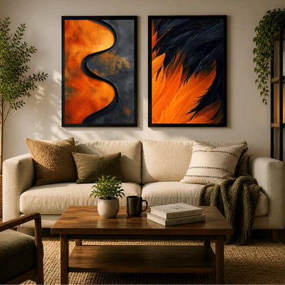 Inferno Flow – Bold Orange Abstract Wall Frames (Set of 2)