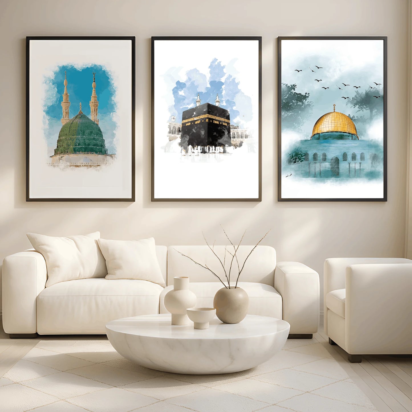 Islamic Holy Sites Wall Art – Kaaba, Madina & Al Aqsa (3 Frames)