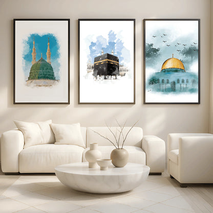 Islamic Holy Sites Wall Art – Kaaba, Madina & Al Aqsa (3 Frames)