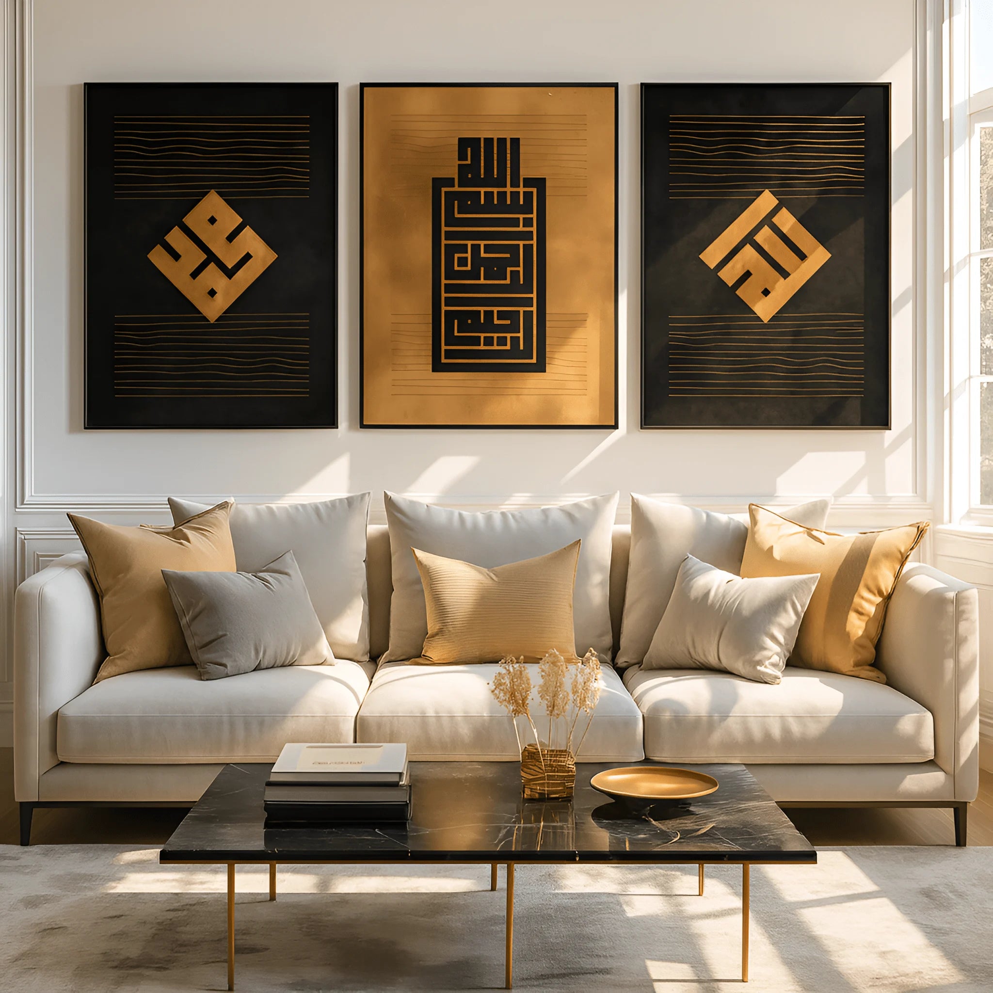 Black & Gold Kufic Calligraphy – 3 Frames Islamic Décor Set